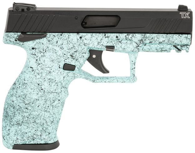 Picture of Taurus 1TX22141SP4 TX22  Full Size Full Size 22 LR 16+1 4" Black Steel thredaded Barrel, Black Hard Coat Anodized Serrated Slide, Cyan Polymer Frame w/Picatinny Rail