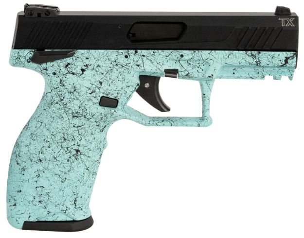 Picture of Taurus 1TX22141SP410 TX22  Full Size Frame 22 LR 10+1, 4" Black Steel Threaded Barrel, Black Hard Coat Anodized Serrated Slide, Cyan Polymer Frame w/Picatinny Rail