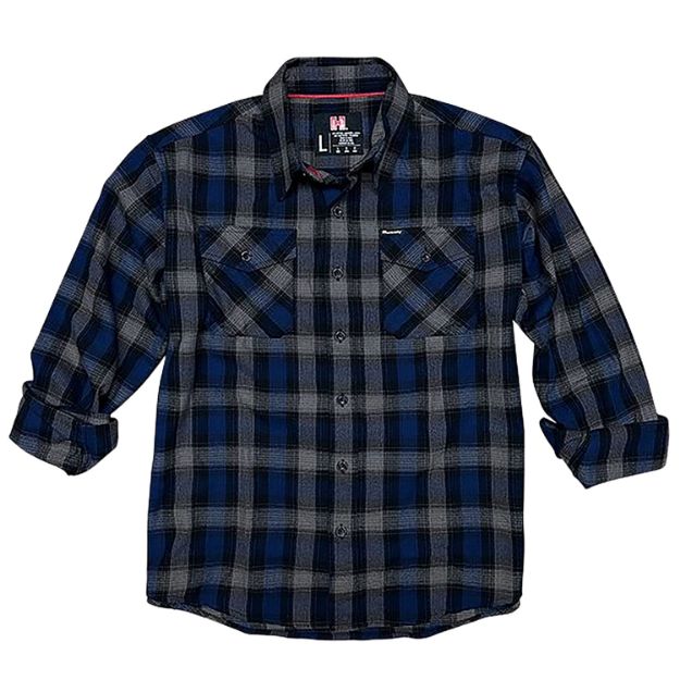 Picture of Hornady Gear 32203 Flannel Shirt  Large Navy/Black/Gray,  Cotton/Polyester, Relaxed Fit Button Up