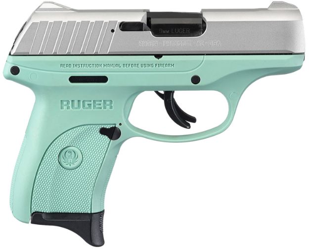 Picture of Ruger 13200 EC9s  Compact Frame 9mm Luger 7+1, 3.12" Black Steel Barrel, Aluminum Cerakote Serrated Steel Slide, Turquoise Polymer Frame, Turquoise Grip, Manual/Trigger Safety, Right Hand