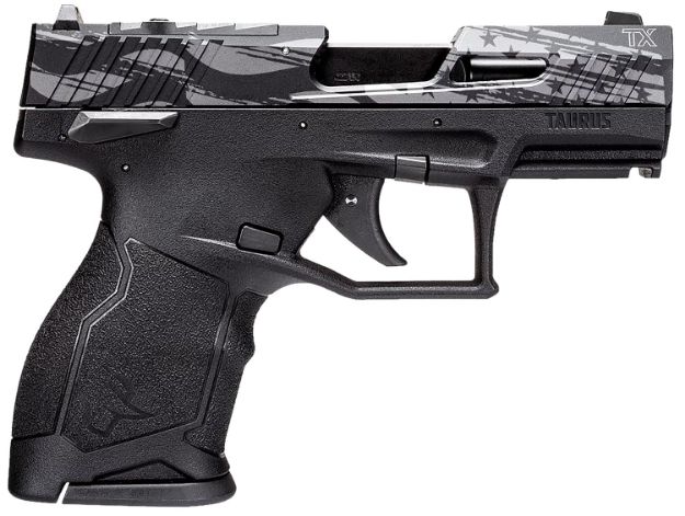 Picture of Taurus 1TX22131US5 TX22C T.O.R.O. Compact Frame 22 LR 13+1 3.60" Matte Black Threaded Barrel, Engraved Distressed USA Flag Optic Ready/Serrated Slide, Black Polymer Frame