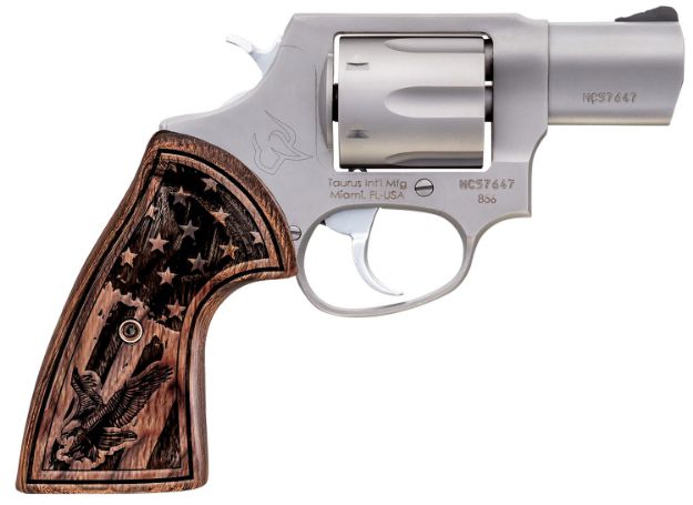 Picture of Taurus 285629US1 856  Small Frame 38 Special +P 6rd 2" Matte Stainless Steel Barrel, Cylinder & Frame, Engraved USA Flag Walnut Grip, Transfer Bar Safety