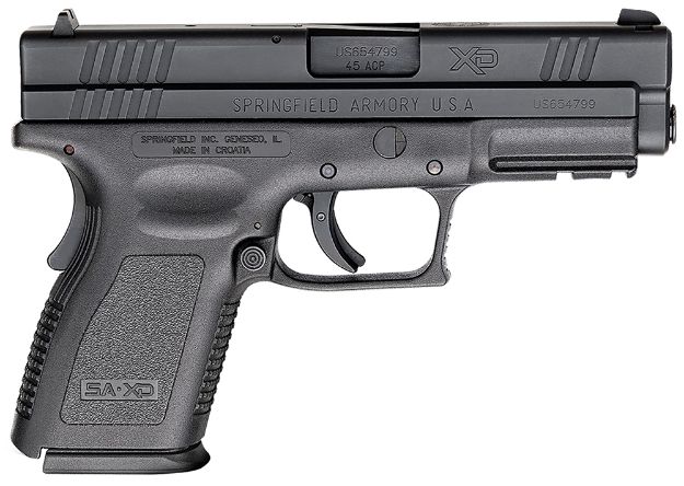 Picture of Springfield Armory XD9645 XD *CA Compliant Compact Frame 45 ACP 10+1, 4" Black Melonite Steel Barrel, Black Melonite Serrated Steel Slide, Black Polymer Frame w/Picatinny Rail