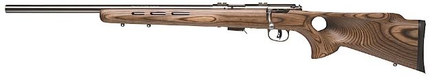 Picture of Savage Arms 96210 93R17 BTVLSS 17 HMR Caliber with 5+1 Capacity, 21" Barrel, Satin Stainless Metal Finish & Fixed Thumbhole Natural Brown Stock Left Hand (Full Size)