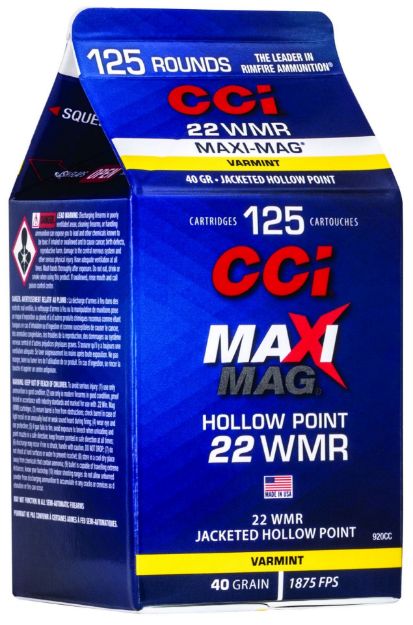 Picture of CCI 920CC Maxi-Mag Rimfire 22WMR 40gr Jacketed Hollow Point 125 Per Box/10 Case