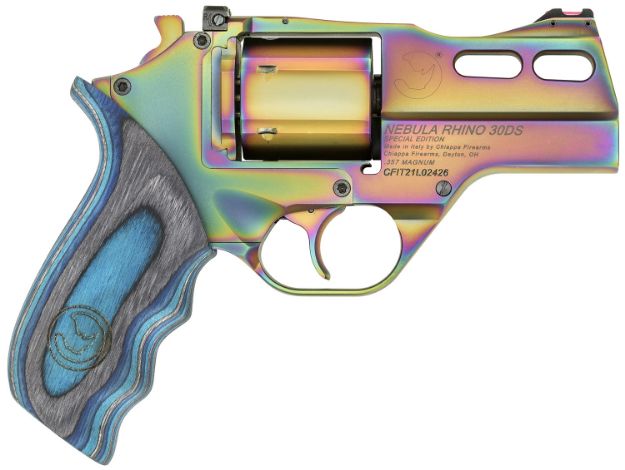 Picture of Chiappa Firearms CF340319 Rhino 30DA Nebula *CA Compliant 357 Mag 6 Shot, 3" Rainbow PVD Steel Vent Rib Barrel & Cylinder, Rainbow PVD Aluminum Frame, Blue Laminate Grip, Exposed Hammer