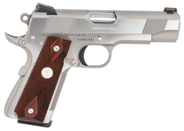 Picture of Colt Mfg O4012XSZ Combat Elite Commander 1911 45 ACP 8+1 4.25" Stainless National Match Barrel, Brushed Stainless Serrated Slide & Frame w/Beavertail, Double Diamond Checkered Wood Grip, Ambidextrous