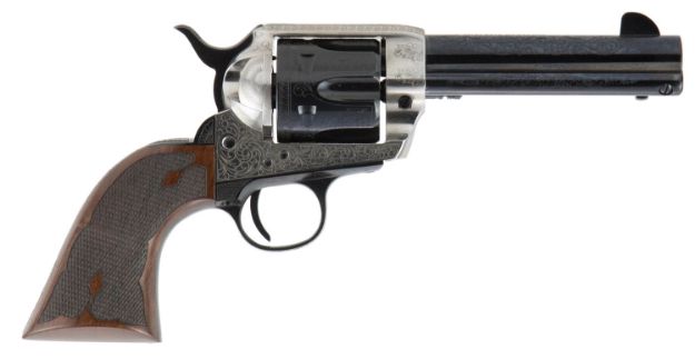 Picture of Cimarron PP410LSFW Frontier Pre-War 1896-1940 45 Colt (LC) 6 Shot, 4.75" Blued Steel Barrel, Blued Cylinder, Old Silver Engraved Steel Frame, Checkered Walnut Grip, Exposed Hammer