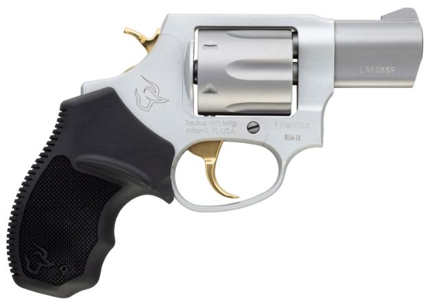 Picture of Taurus 2-856029ULGLD 856 Ultra-Lite 38 Special Caliber with 2" Barrel, 6rd Capacity Cylinder, Overall Matte Finish Stainless Steel, Gold Trigger/Hammer Frame & Finger Grooved Black Rubber Grip