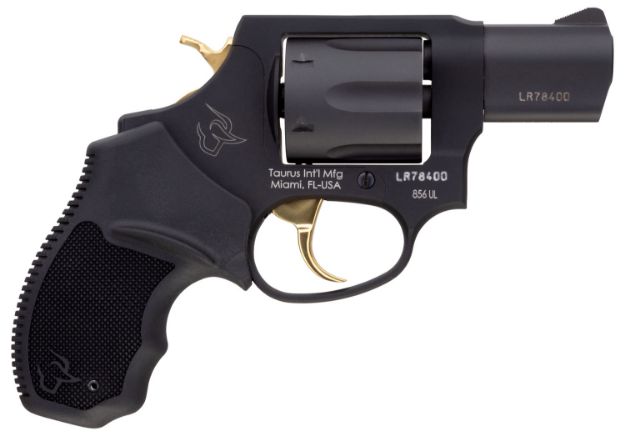 Picture of Taurus 2-856021ULGLD 856 Ultra-Lite 38 Special Caliber with 2"  Barrel, 6rd Capacity Cylinder, Overall Matte Black Metal Finish, Gold Trigger/Hammer Frame & Finger Grooved Black Rubber Grip