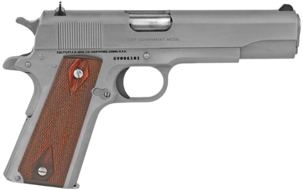 Picture of Colt Mfg O1911CSS38 1911 Government 38 Super 9+1 5" Stainless National Match Barrel, Serrated Stainless Steel Slide & Frame w/Beavertail, Diamond Checkered Rosewood