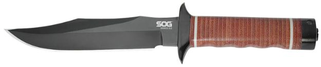 Picture of S.O.G SOGS1TL Bowie 2.0 6.40" Fixed Plain Clip Point Black Hardcased TiNi Full Tang AUS8 SS Blade/ Brown Stacked Leather Washers w/Cross Guard Handle