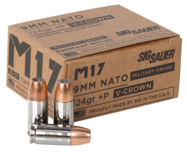 Picture of Sig Sauer E9MMA2PM1720 Military Grade M17 9mmLuger+P 124gr V-Crown Jacketed Hollow Point 20 Per Box/10 Case