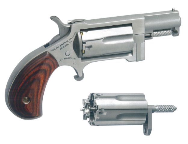 Picture of North American Arms SWC Sidewinder  22 LR or 22 WMR Caliber with 1.50" Barrel, 5rd Capacity Cylinder, Overall Stainless Steel Finish & Rosewood Birdshead Grip Includes Cylinder