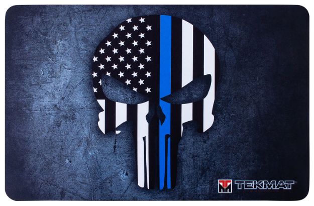 Picture of TekMat TEKR17PUNISHERBL Punisher Blue Line Cleaning Mat 17"x11" Black/White/Blue Thermoplastic Fiber Top w/Vulcanized Rubber Back/ Blue Line Punisher Skull Illustration