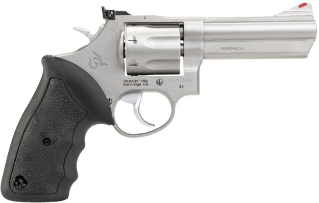 Picture of Taurus 2660049 66  38 Special +P/357 Mag 7 Shot 4" Barrel, Overall Matte Stainless Steel, Black Finger Grooved Rubber Grip