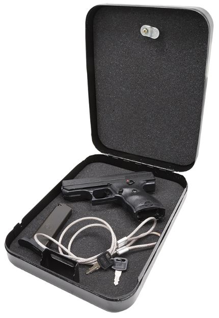 Picture of Hi-Point 916HSP CF Home Security Package 9mm Luger 8+1 3.50" Black Steel Barrel Black Powder Coated/Chrome Serrated Steel Slide Black Polymer Frame Black Polymer Grip, Keyed Lock Box