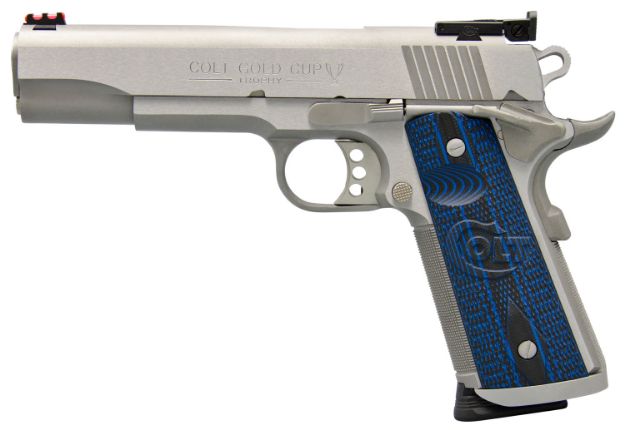 Picture of Colt Mfg O5070XE Gold Cup Trophy 45 ACP 8+1 5" Steel Barrel,  Stainless Steel Serrated Slide & Frame w/Beavertail, Competition Blue G10 Grips, Ambidextrous