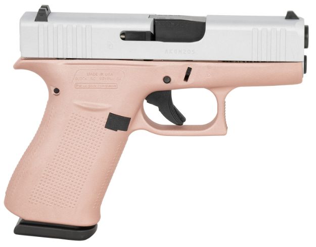 Picture of Glock UX4350204RGFCSS G43  Sub-Compact Frame 9mm Luger 10+1 3.41" Black GMB Barrel, Crushed Silver Serrated Steel Slide, Rose Gold Polymer Frame w/Beavertail, Textured Polymer Grip, Ambidextrous