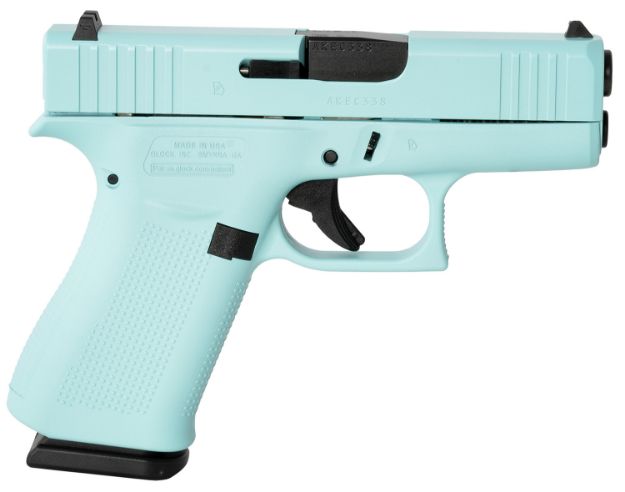 Picture of Glock UX4350204REB G43X  Sub-Compact Frame 9mm Luger 10+1 3.41" Black GMB Barrel, Robins Egg Blue Cerakote Serrated Steel Slide, Robin Egg Blue Cerakote Polymer Frame w/Beavertail, Ambidextrous