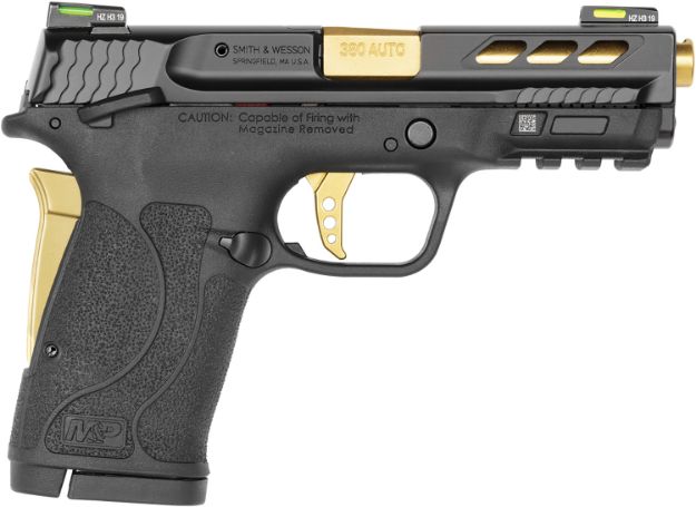 Picture of Smith & Wesson 12719 Performance Center M&P Shield EZ M2.0 380 ACP 3.80" 8+1 Black Black Armornite Stainless Steel Slide Black Polymer Grip Gold Colored Accents