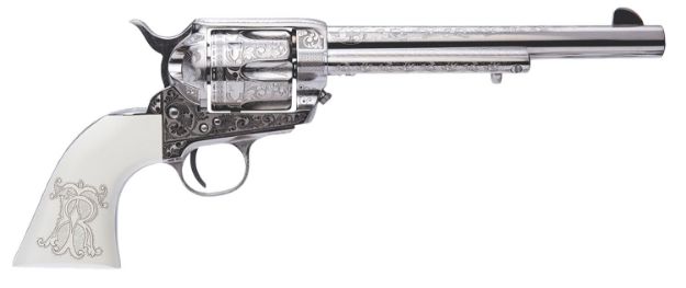 Picture of Cimarron PP415LNTRII Teddy Roosevelt Frontier 45 Colt (LC) 6 Shot 7.50" Nickel-Plated Engraved Barrel, Cylinder & Frame, White w/Laser Engraved "T.R." Grip