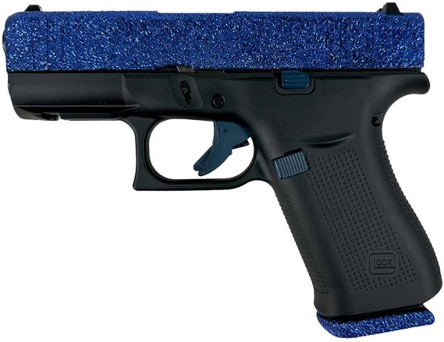 Picture of Glock PAX435204NNVY G43X  Sub-Compact Frame 9mm Luger 10+1 3.41" Black GMB Barrel, Navy Blue Glitter Serrated Steel Slide, Black Cerakote Polymer Frame w/Beavertail, Black Textured Grip, Ambidextrous