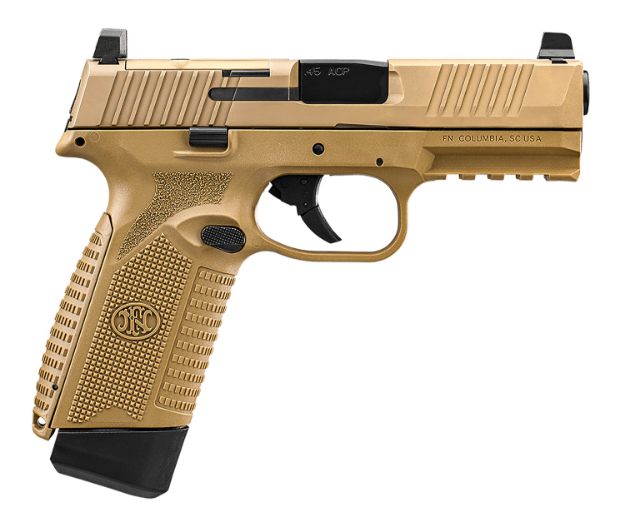 Picture of FN 66101388 545 MRD Full Size 45 ACP 15+1, 4.10" Black Target Crown Steel Barrel, Flat Dark Earth PVD Optic Cut/Serrated Steel Slide & Polymer Frame w/Picatinny Rail, Ambidextrous