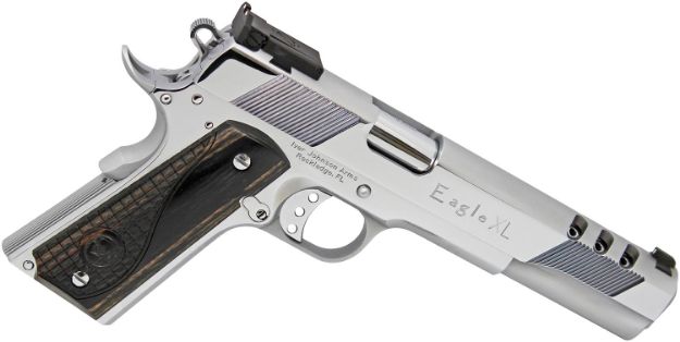 Picture of Iver Johnson Arms EAGLEXLC45 Eagle XL Deluxe 45 ACP 6" Steel Ported Barrel/ Bright Polish Chrome Serrated w/Ports Slide & Steel Frame w/Beavertail Diamondwood Walnut w/Integrated Logo Grips Right Hand