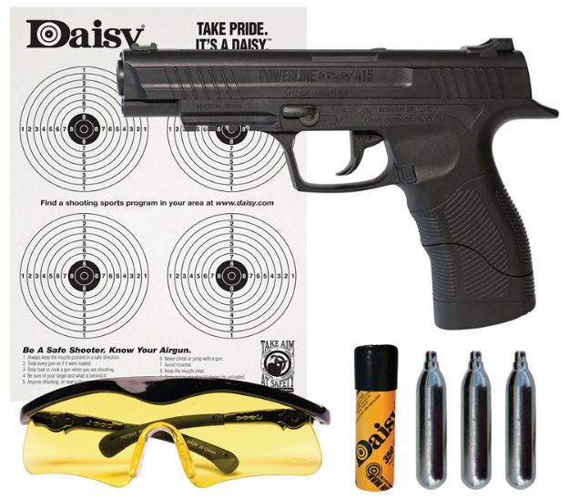 Picture of Daisy 985415242 415 Powerline Kit CO2 177 BB 21+1 495 fps, Black Polymer Frame with Pic. Rail, Fiber Optic Sight, Includes Ammo/Target/Glasses/CO2 Cartridges