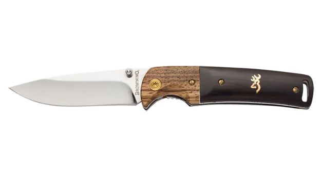 Picture of Browning 3220231 Buckmark Hunter EDC 3" Folding Drop Point, Plain Mirror Polished 8Cr14MoV SS Blade, Black/Natural Finger Grooved w/Brass Accents Hardwood Handle, Includes Pocket Clip