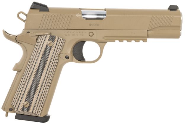 Picture of SDS Imports 10100549 1911 Raider Carry 9mm Luger 9+1 5" Stainless Steel Barrel, Flat Dark Earth Cerakote Serrated Slide, Steel Frame w/Beavertail & Picatinny Rail, Black/FDE Textured G10 Grips