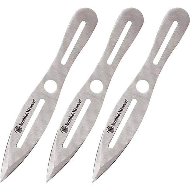 Picture of Smith & Wesson Knives SWTK10CP Bullseye Throwing Knives 5" Fixed Dual Edge Spear Point Plain 2Cr13MoV SS Blade, Stainless Steel Handle, Includes Sheath Set of 3, 10" OAL