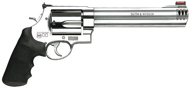 Picture of Smith & Wesson 163501 Model 500  500 S&W Mag Caliber with 8.38" Threaded Barrel, 5rd Capacity Cylinder, Overall Satin Finish Stainless Steel, Finger Grooved Black Polymer Grip & HiViz Front Sight