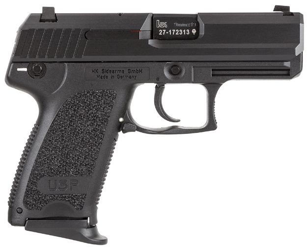 Picture of HK 81000329 USP V1 Compact 9mm Luger 13+1 3.58" Black Polygonal Rifled Barrel, Black Serrated Slide, Black Polymer Frame, Black Polymer Grip, Ambidextrous