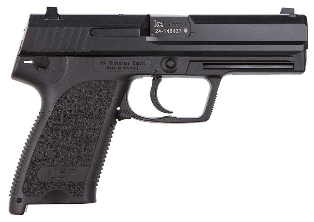 Picture of HK 81000307 USP V1 SA/DA 9mm Luger Caliber with 4.25" Barrel, 15+1 Capacity, Overall Black Finish, Serrated Trigger Guard Frame, Serrated Steel Slide & Polymer Grip Includes 2 Mags