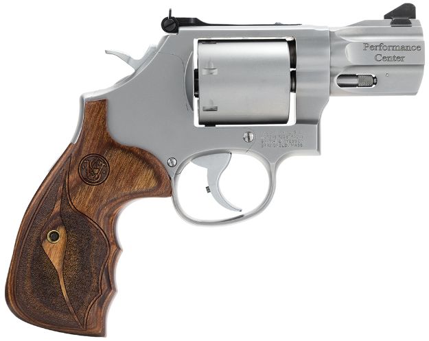 Picture of Smith & Wesson 170346 Performance Center Model 686 38 S&W Spl +P, 357 Mag 7rd 2.50" Stainless Steel Barrel, Unfluted Cylinder, Matte Silver Stainless Steel Frame with Wood Grip Includes Moon Clips