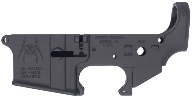 Picture of Spikes STLS018 Spider Stripped Lower Receiver with Fire & Safe Markings Multi-Caliber 7075-T6 Aluminum Black Anodized for AR-15