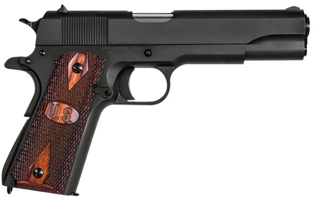 Picture of Auto-Ordnance 1911BKOW 1911 A1 GI Spec 45 ACP 7+1, 5" Stainless Steel Barrel, Matte Black Serrated Carbon Steel Slide & Frame w/Beavertail, Checkered Wood w/Integrated US Logo Grip