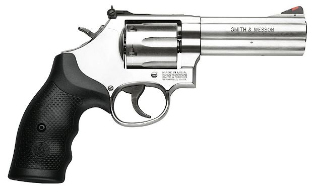 Picture of Smith & Wesson 164222 Model 686  357 Mag or 38 S&W Spl +P Stainless Steel 4.12" Barrel, 6 Shot, Satin Stainless Steel L-Frame, Red Ramp Front/White Outline Rear Sights Internal Lock