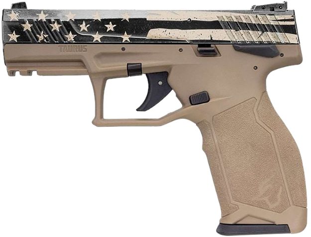 Picture of Taurus 1TX22141USD TX22  Full Size Frame 22 LR 16+1 4.10" Black Steel Threaded Barrel, Black Distressed US Flag Cerakote Serrated Slide, Flat Dark Earth Polymer Frame w/Picatinny Rail