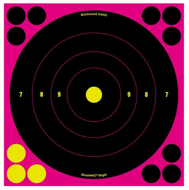 Picture of Birchwood Casey 34808 Shoot-N-C Reactive Target Self-Adhesive Paper Black/Pink 8" Bullseye 6 Pack