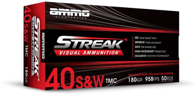 Picture of Ammo Inc 40180TMCSTRKRED50 Streak Visual (RED)  40S&W 180gr Total Metal Case 50 Per Box/20 Case