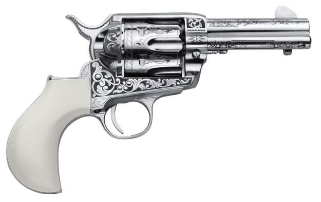 Picture of Cimarron PP346HUCKENG Huckleberry  45 Colt (LC) 6 Shot, 3.50" Nickel Engraved Barrel, Cylinder & Frame, Poly-Ivory w/"Huckleberry" Engraved On The Backstrap Grip