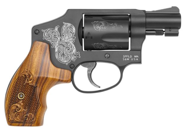 Picture of Smith & Wesson 150785 Model 442  38 S&W Spl +P 5 Shot 1.88" Engraved Black Carbon Steel Barrel/Cylinder, Engraved Black Aluminum J-Frame, Engraved Wood Grip, Mahogany Presentation Case