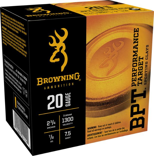 Picture of Browning Ammo B193632027 BPT Performance Target Sporting Clay 20Gauge 2.75" 7/8oz 7.5Shot 25 Per Box/10 Case