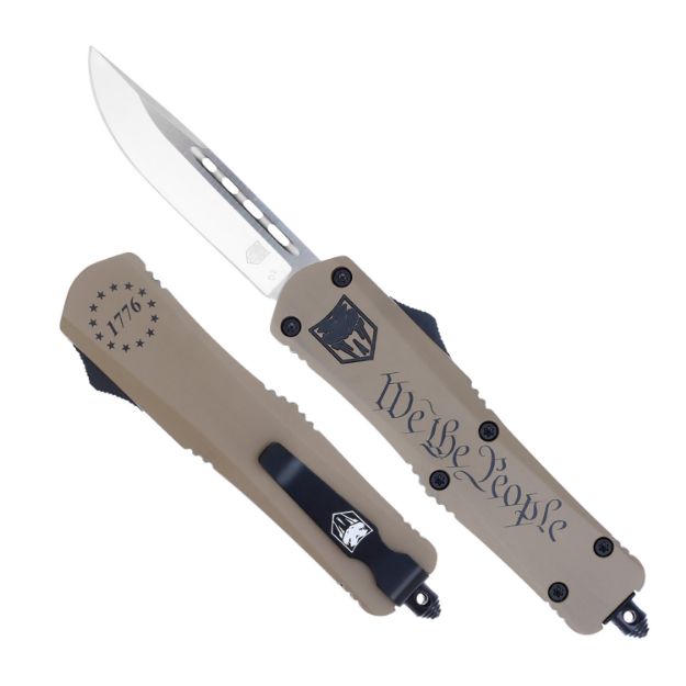 Picture of CobraTec Knives MWTPFS3DNS FS-3 We The People Medium 3" OTF Drop Point Plain D2 Steel Blade Tan w/"We The People" Aluminum Cerakoted Handle Features Glass Breaker Includes Pocket Clip