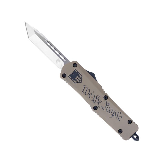 Picture of CobraTec Knives MWTPFS3TNS FS-3 We The People Medium 3" OTF Tanto Plain D2 Steel Blade Tan w/"We The People" Aluminum Cerakoted Handle Features Glass Breaker Includes Pocket Clip