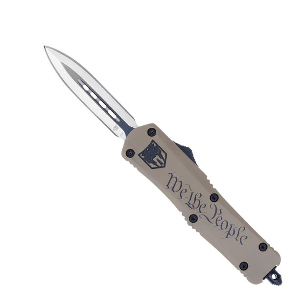 Picture of CobraTec Knives MWTPFS3DAGNS We The People  Medium 3" OTF Dagger Plain D2 Steel Blade/Tan w/"We The People" Features Glass Breaker Includes Pocket Clip