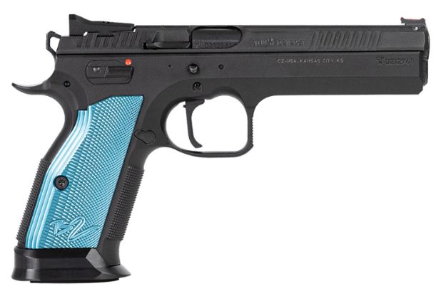 Picture of CZ-USA 91222 TS 2  40 S&W 17+1 5.28" Black Steel Barrel, Black Serrated Steel Slide, Black Polycoat Steel Frame w/Beavertail, Blue Checkered Aluminum Grip, Ambidextrous